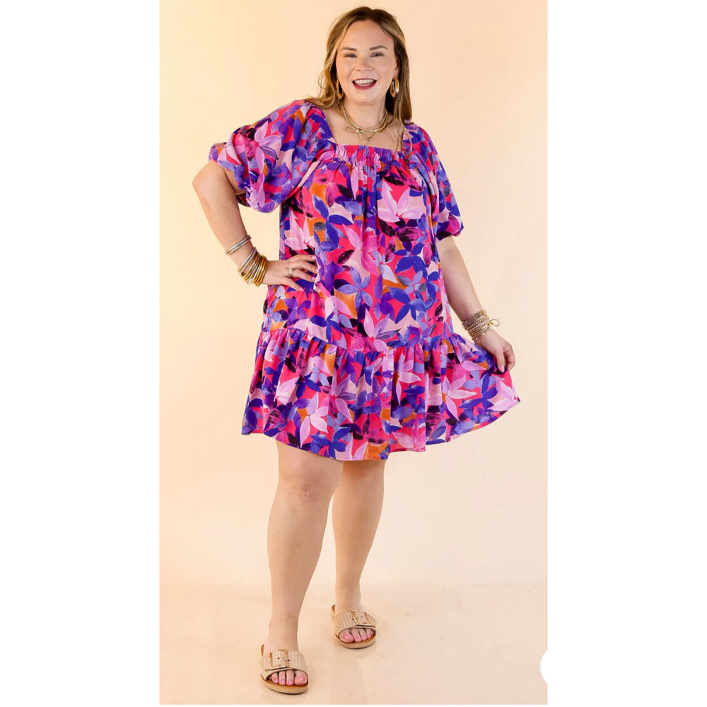 NWT Entro Dress Womens 1x Pink Blue Floral Puff Sleeve Pockets